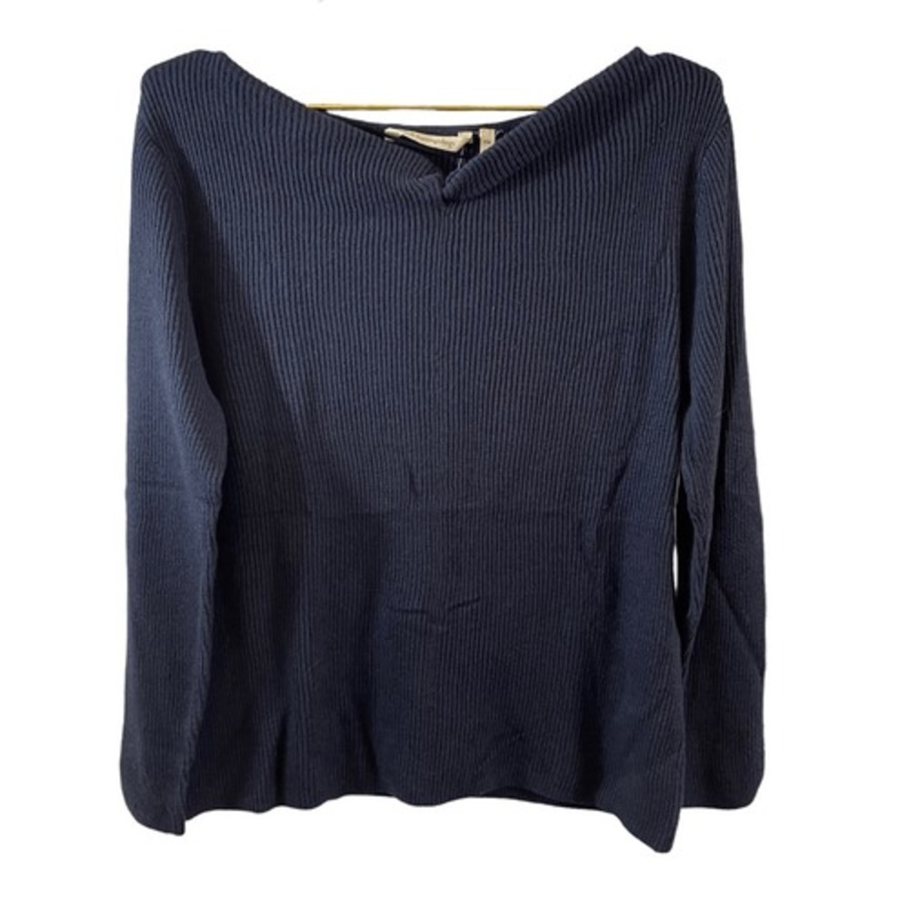 Soft Surroundings Cashmere Navy Blue Ribbed Boat Neck Knit Sweater PXL